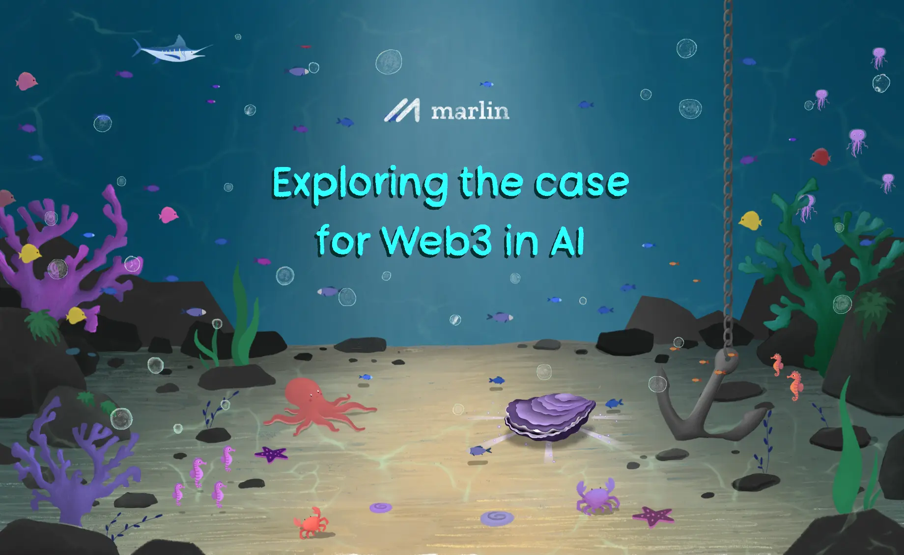 in deep sea with ship hanger